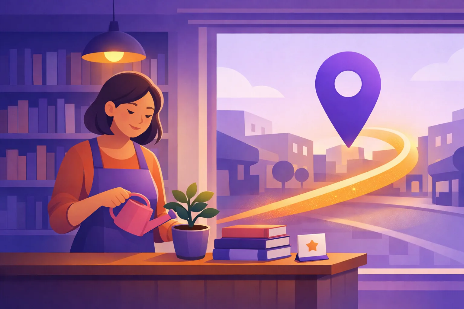 Patient shop owner tending a growing plant while a soft light ribbon rises toward a map pin outside her window