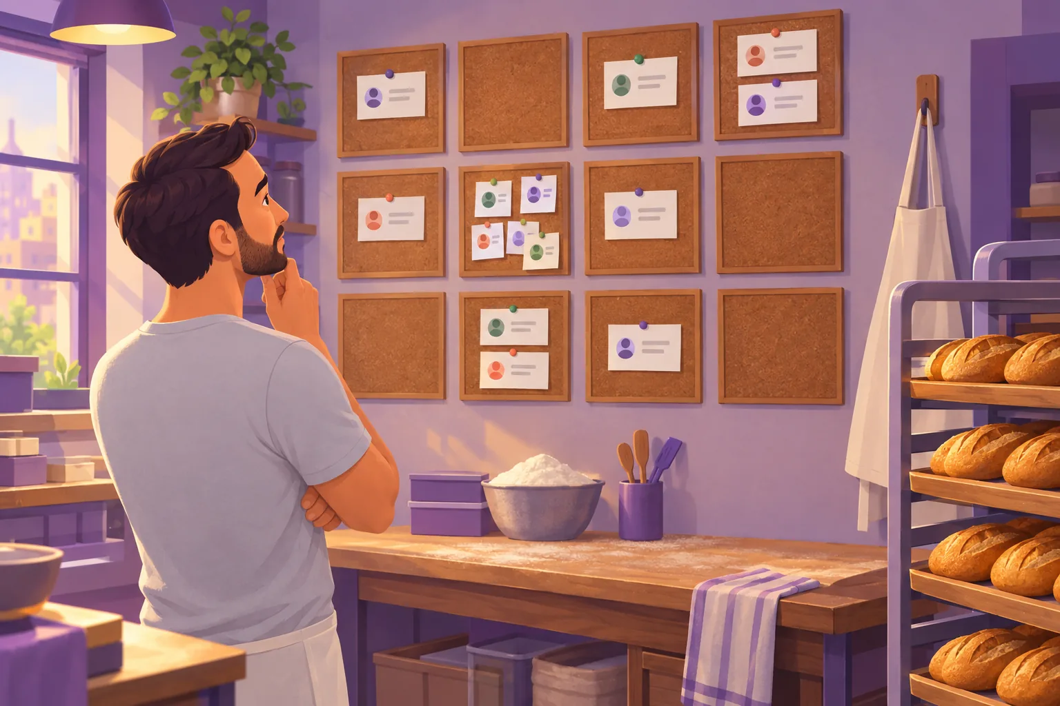 Bakery owner studying a wall of twelve small cork boards, most holding one or two pinned cards and a few holding none