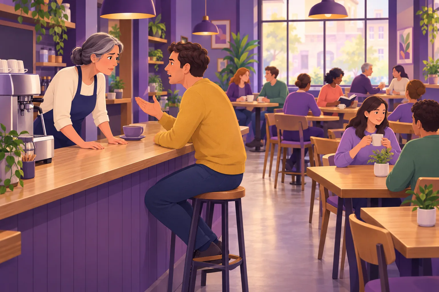 Cafe owner behind the counter giving her full attention to one gesturing customer while a full room of quiet, content customers sits behind him