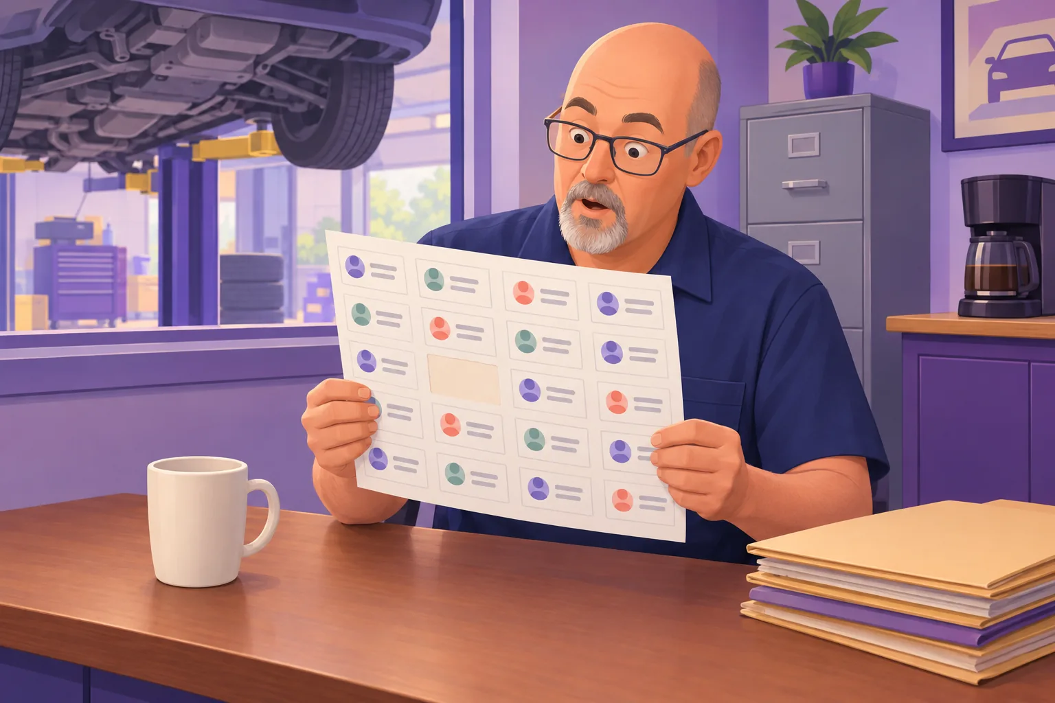 Auto shop owner at his desk, holding a printed sheet of review cards where one card has clearly been peeled away, leaving a pale empty rectangle
