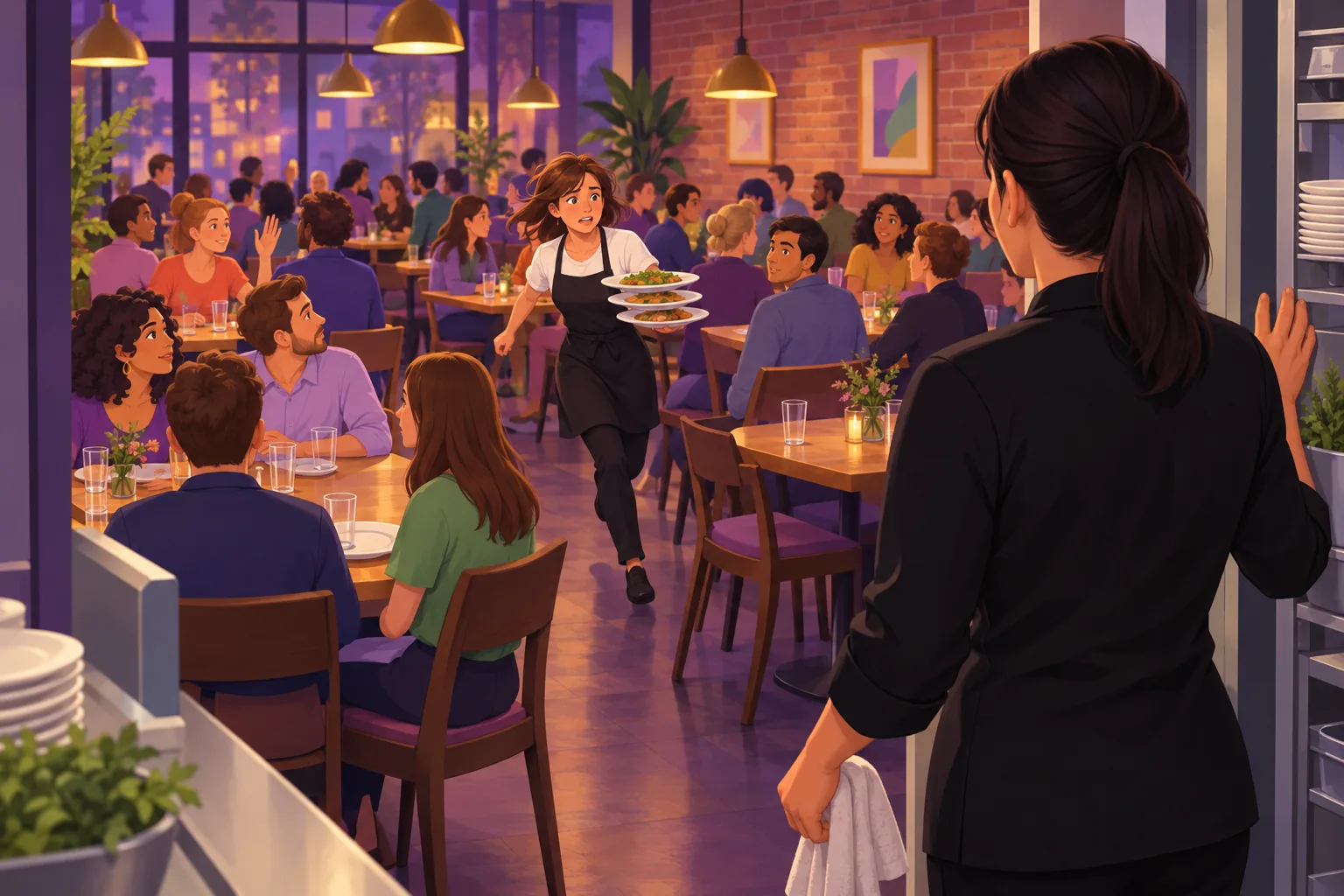 Restaurant owner watching from the kitchen door as a single server hurries between many full tables in a crowded dining room