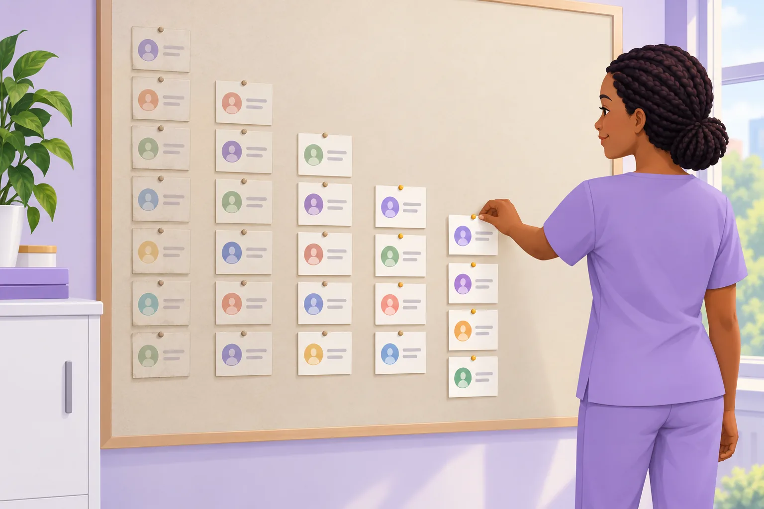 Dental office manager pinning a new card onto the shortest but visibly growing column on a wall of cards arranged like a bar chart