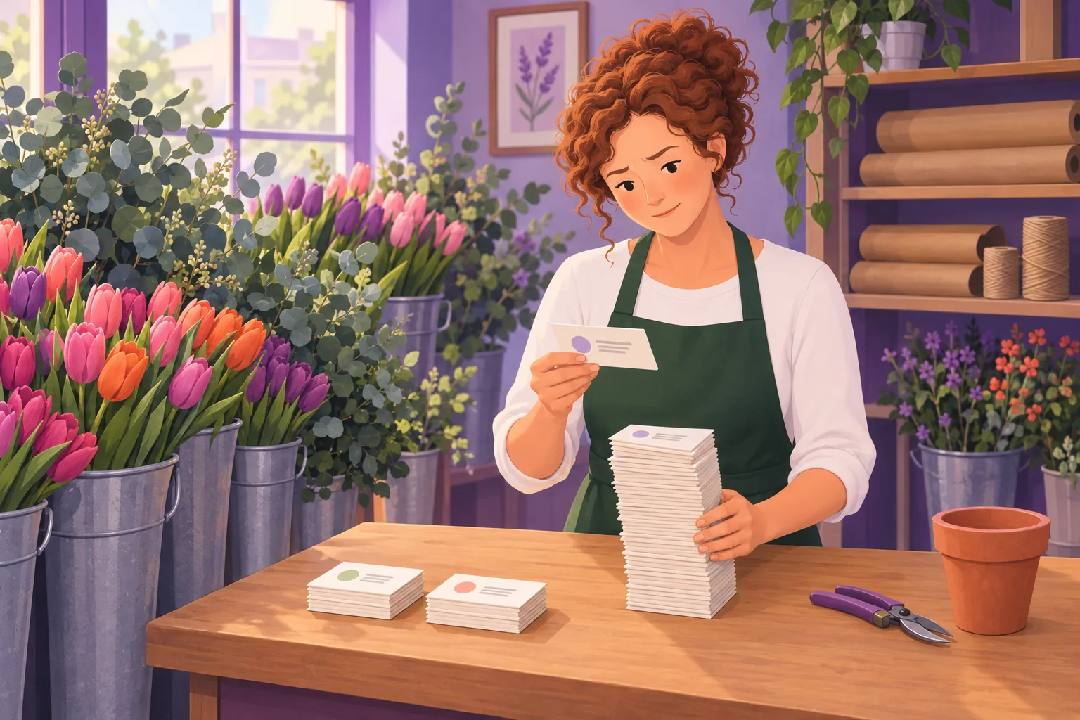Florist at her worktable sorting printed review cards into piles, one tall pile of long reviews catching all her attention