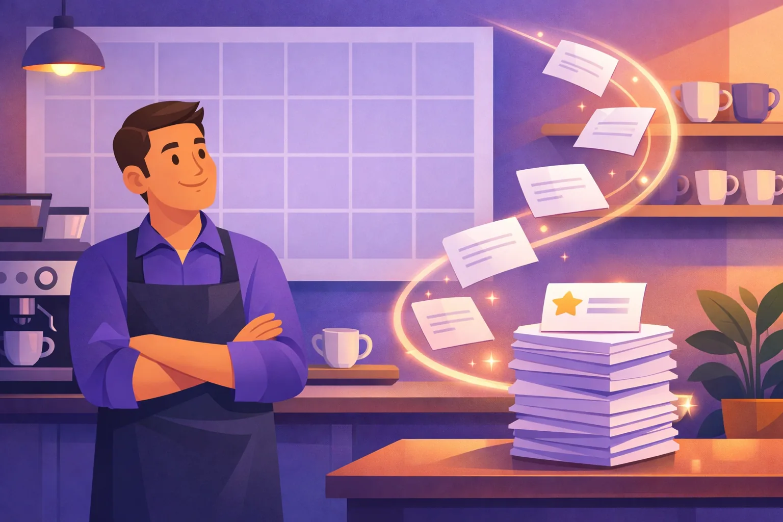 Cafe owner by a wall calendar watching a steady monthly stream of new review cards stack up
