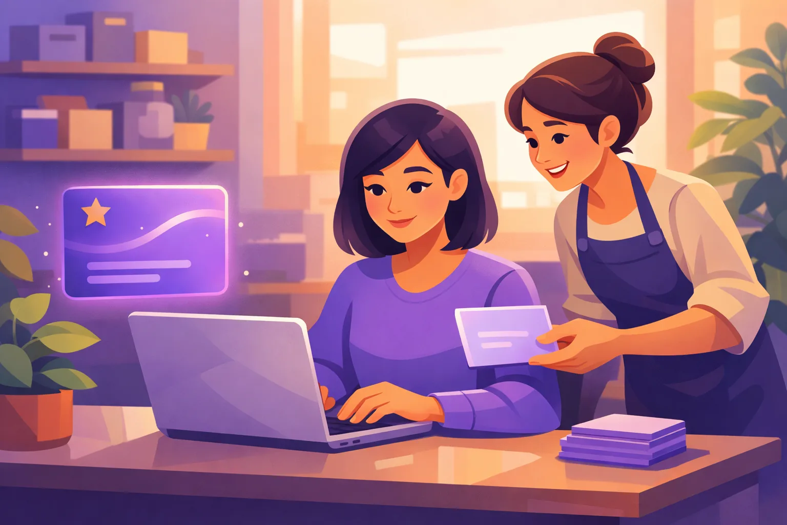Business owner at a laptop replying to a review while a colleague hands her the next review card