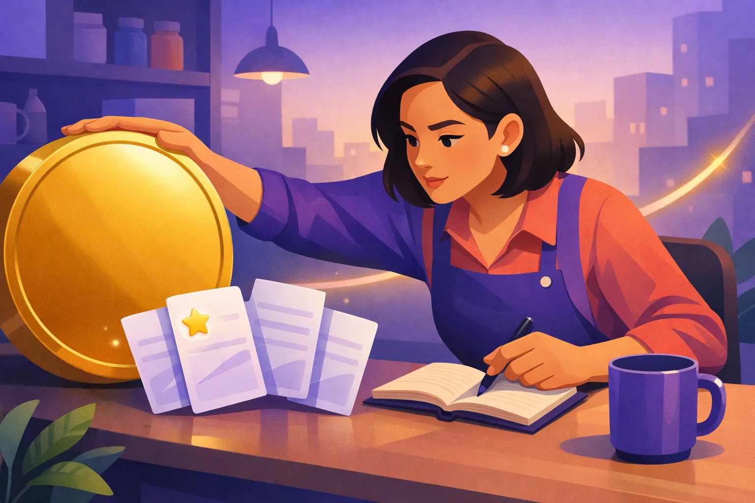 Owner setting aside a large glossy medallion to focus on a small notebook and a fan of fresh review cards