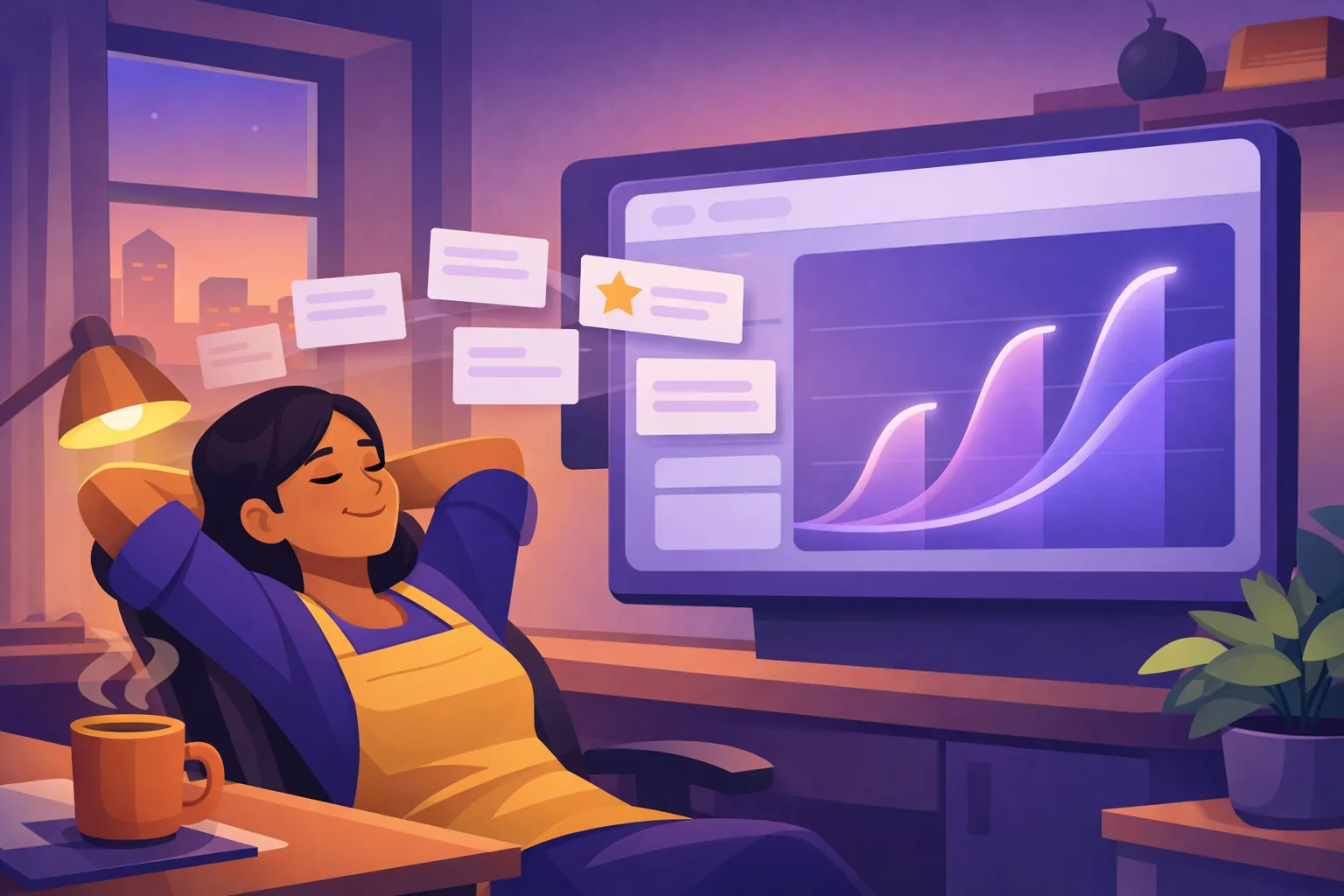 Relieved owner at a desk watching review cards feed into a simple panel of rising trend lines