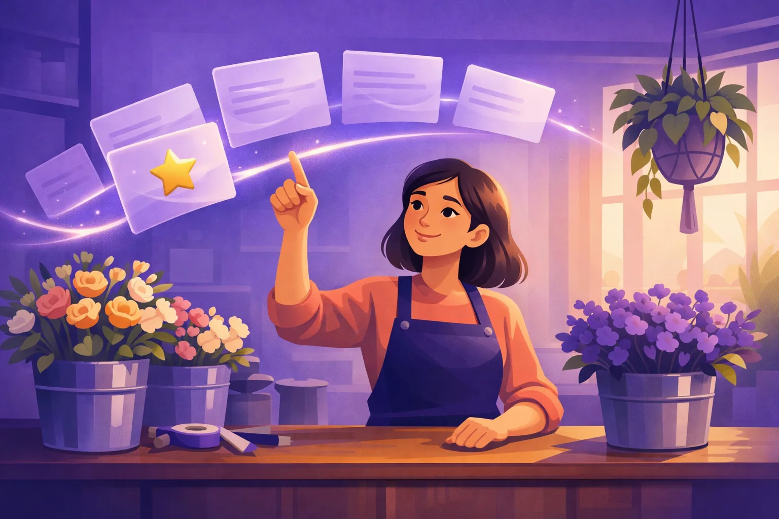 Small business owner tracing a rising trend line above a fan of Google review cards on her shop counter