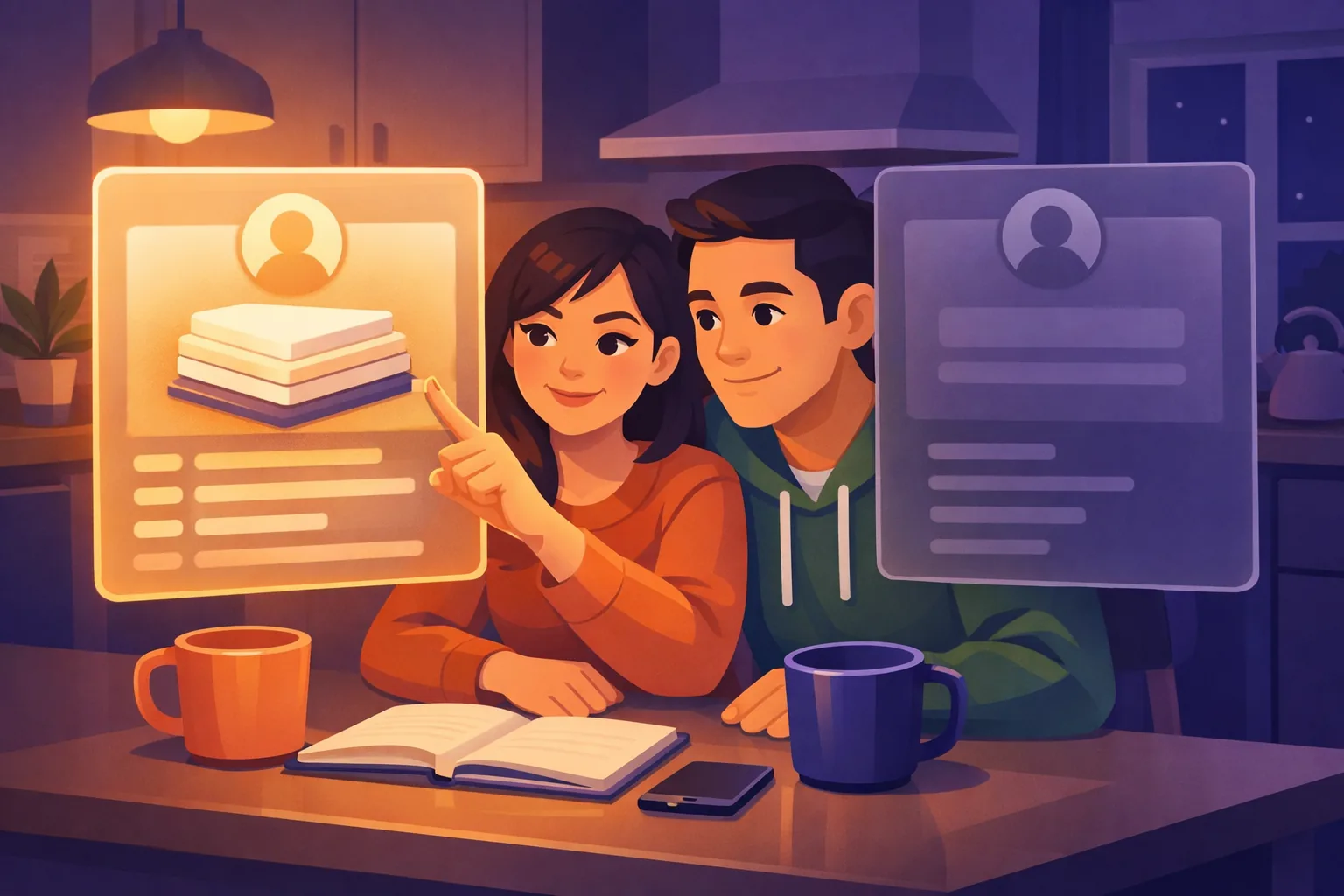 Couple at a kitchen table comparing an active business profile with a quiet one