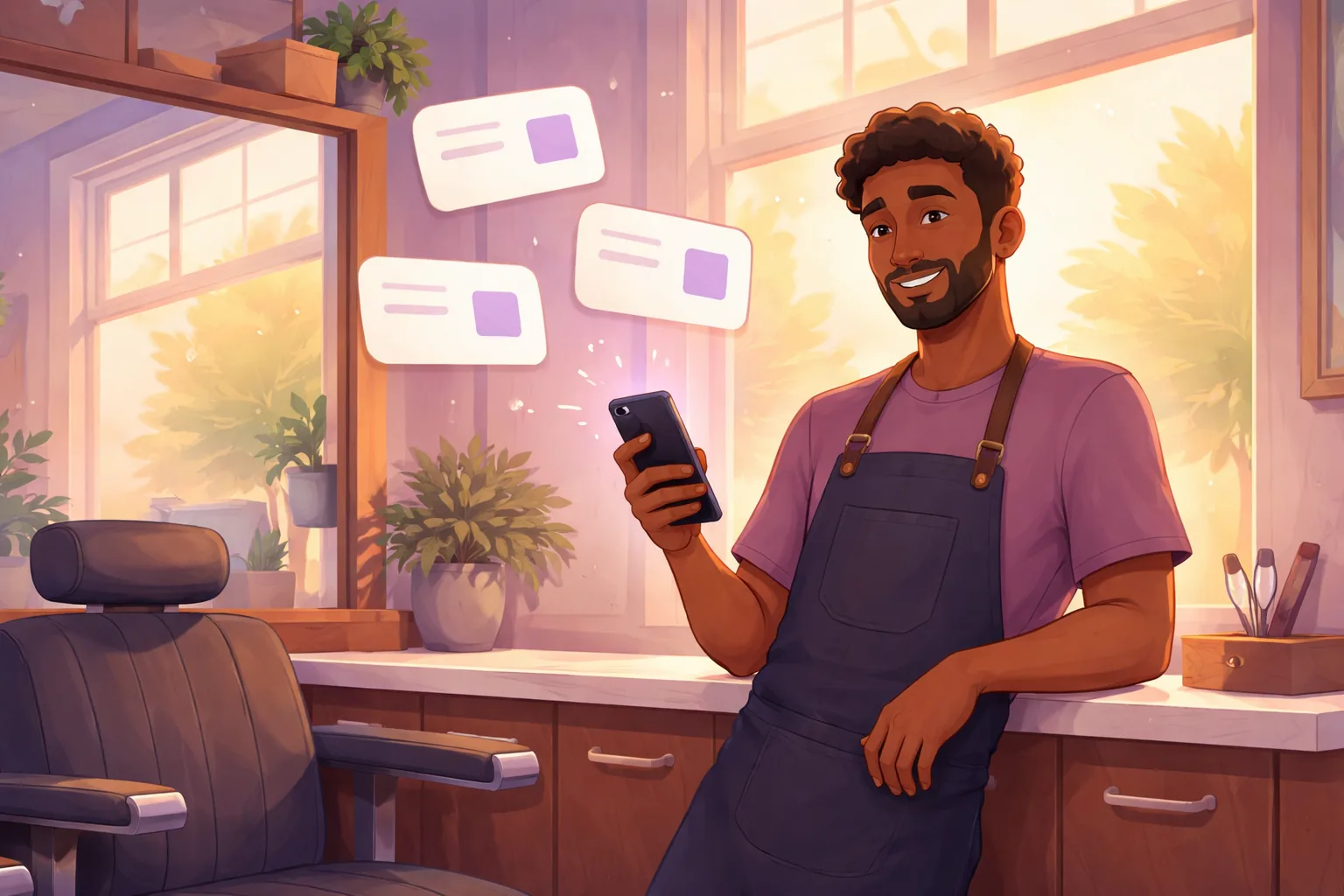 Barber in a quiet shop posting slow season updates to Google from his phone