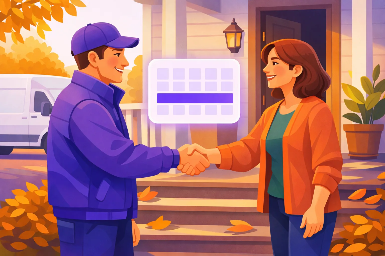 HVAC technician shaking hands with a homeowner to book next season early