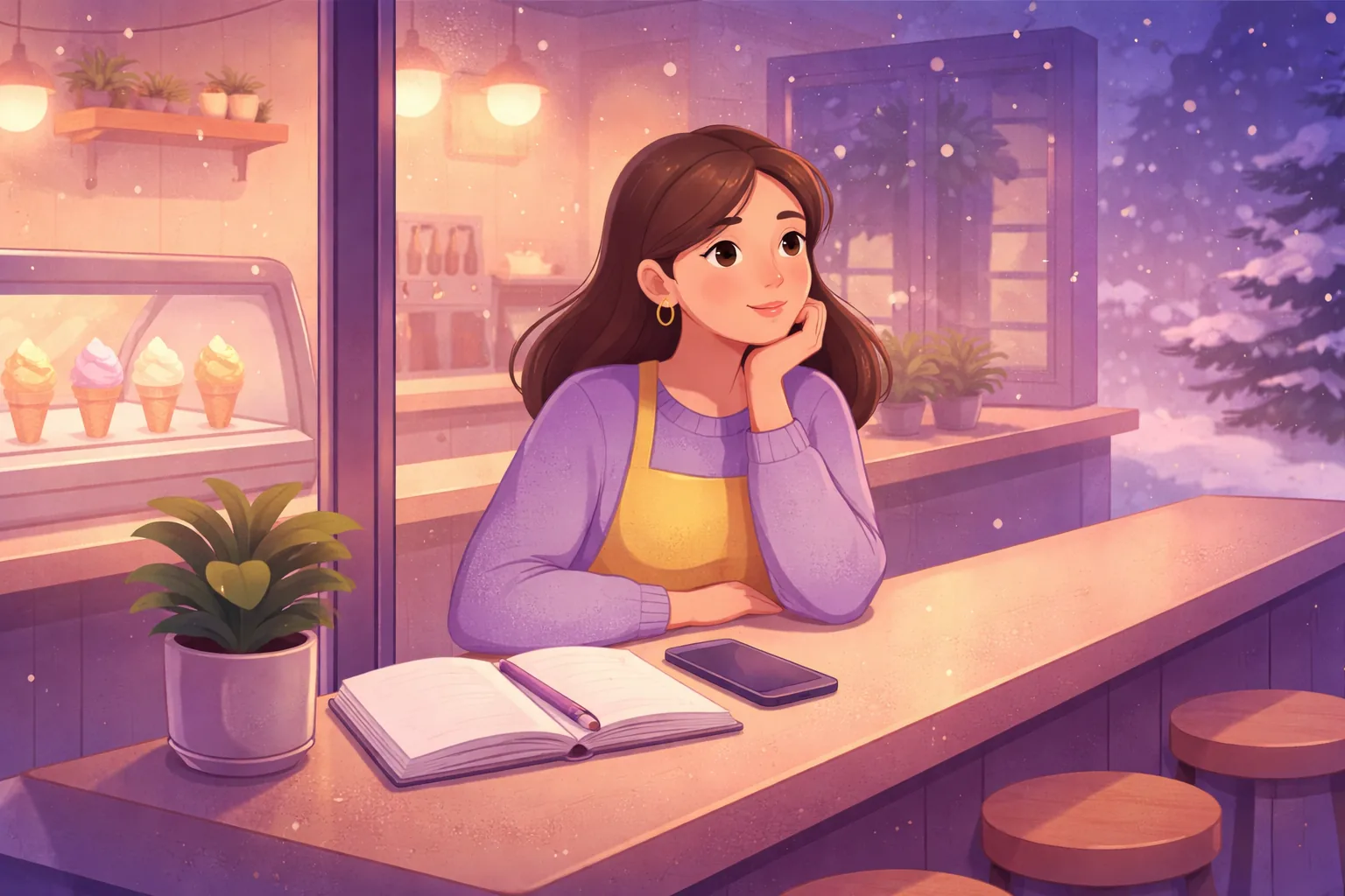 Ice cream shop owner planning slow season marketing at her counter while snow falls outside