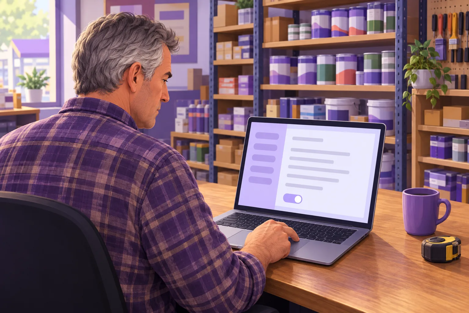 Hardware store owner at his back-office laptop, finger on the trackpad, about to click the review toggle