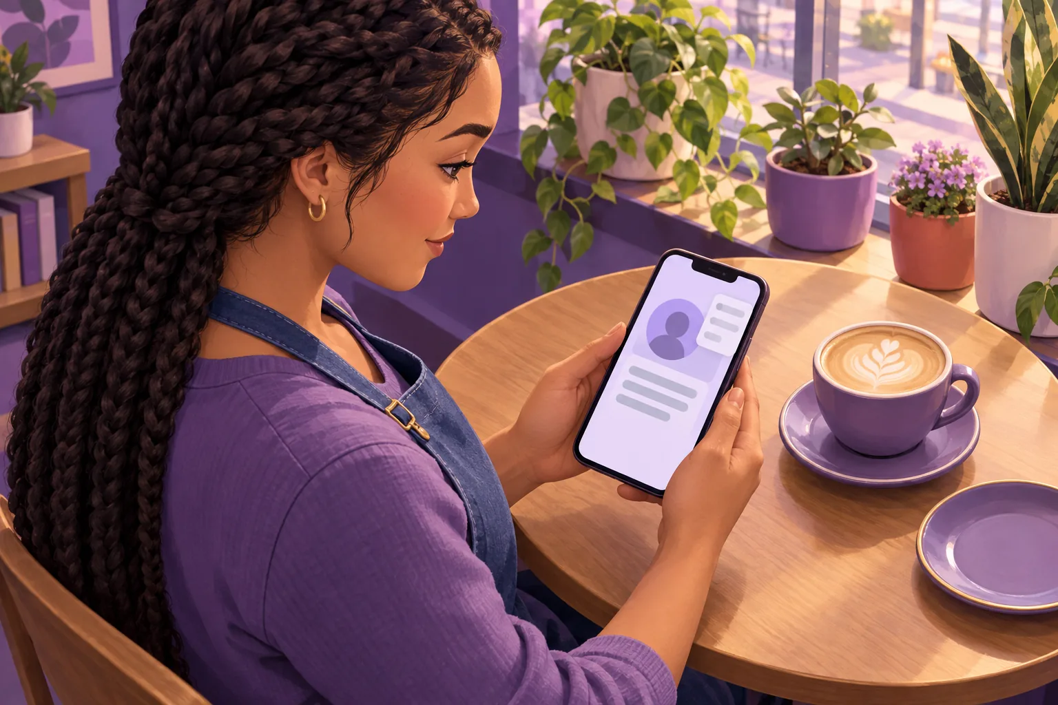 Cafe owner at a window table opening the options menu on a review card on her phone