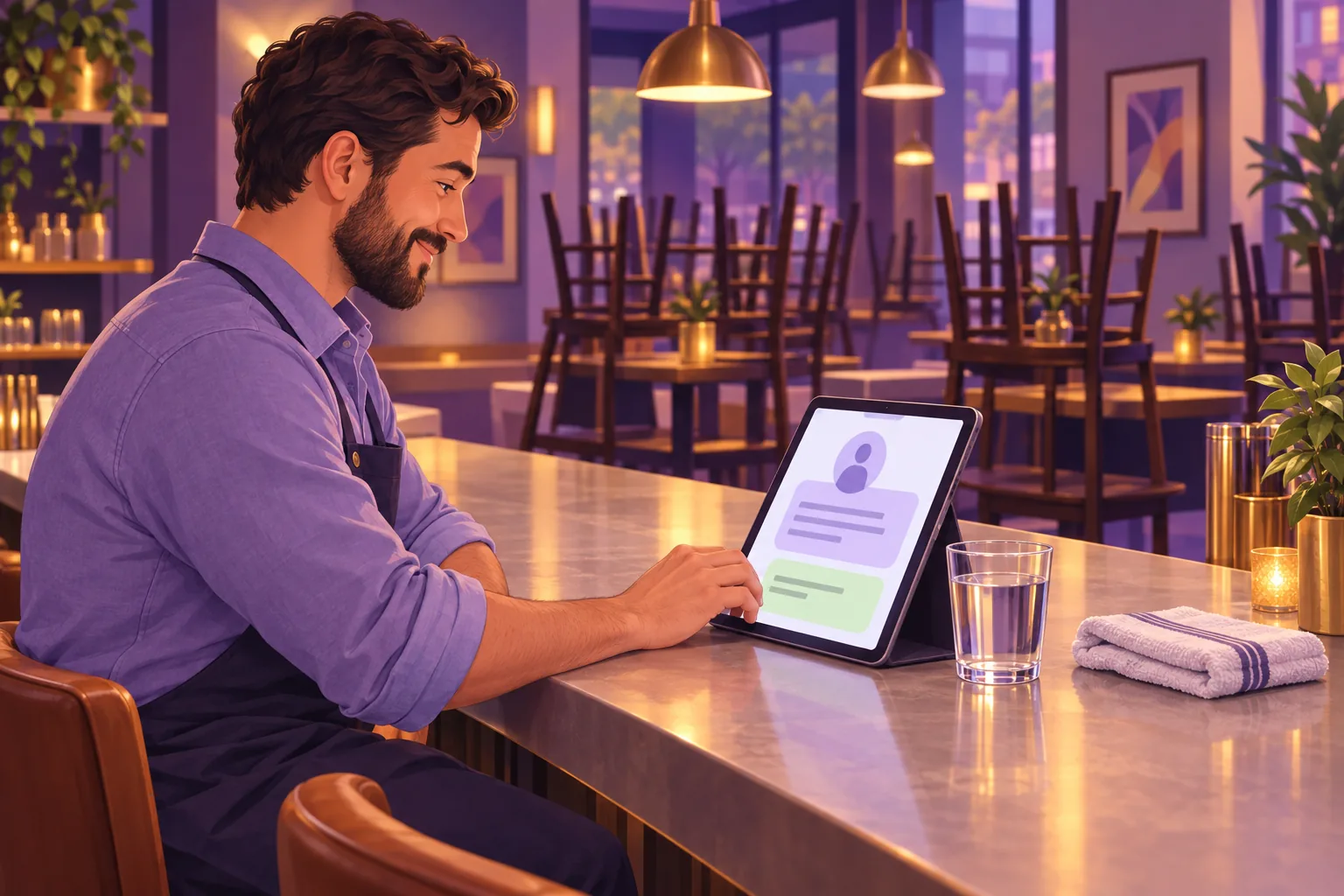 Restaurant owner at the bar after closing, typing a calm reply beneath a review card on his tablet