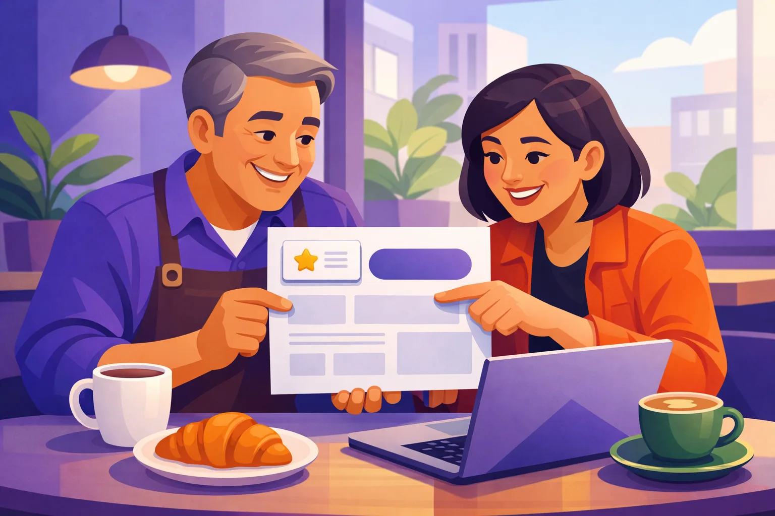 Two colleagues reviewing a homepage wireframe with a rating badge placed beside the top button