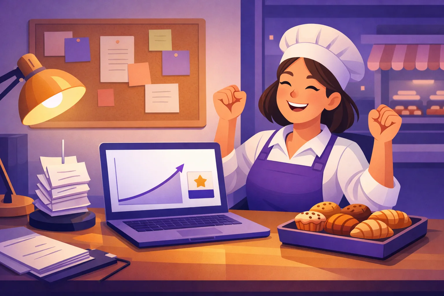 Business owner reviewing an upward trend on her laptop after moving reviews beside the booking button