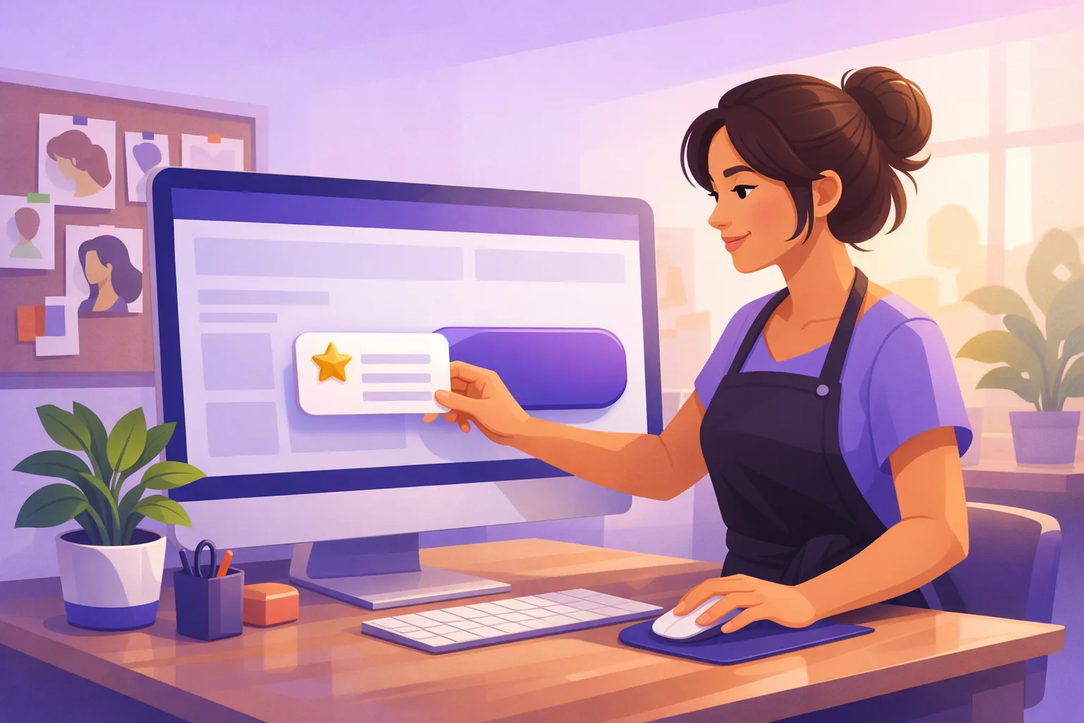 Business owner placing a Google review card next to the booking button on her website layout