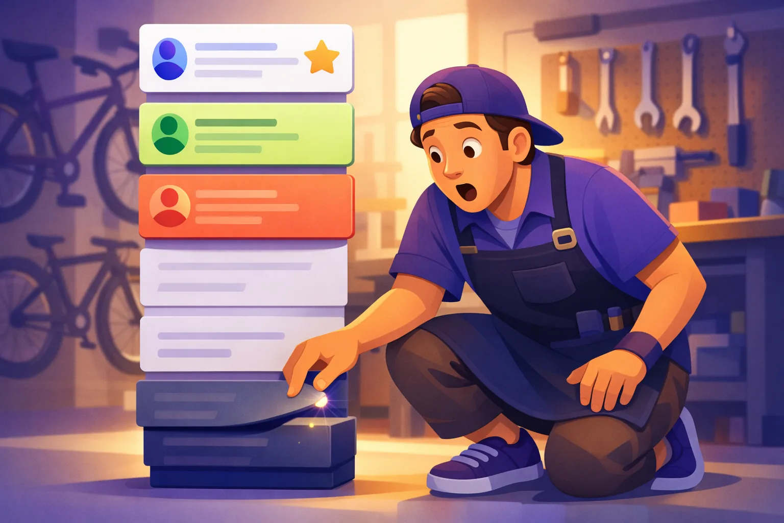 Bike shop owner following his Yelp page down to a dimmed stack of hidden review cards at the bottom of the screen