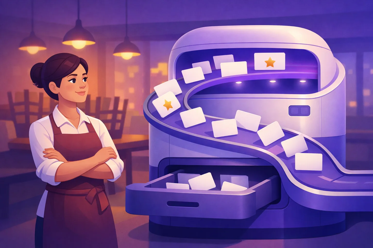 Restaurant owner watching an automated sorting machine route glowing review cards onto a bright shelf and a dimmed drawer