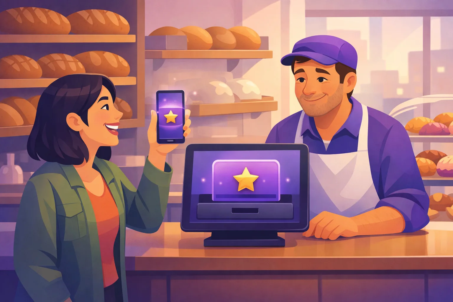 Cafe customer proudly showing the owner a glowing review on her phone while the same card quietly slides toward a dimmed drawer on the counter screen