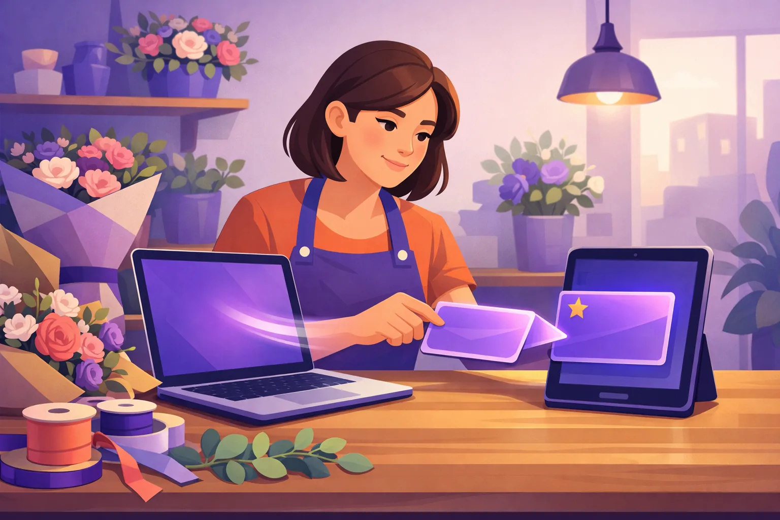 Flower shop owner carrying a finished glowing reply card from her laptop to the review page on a tablet beside it