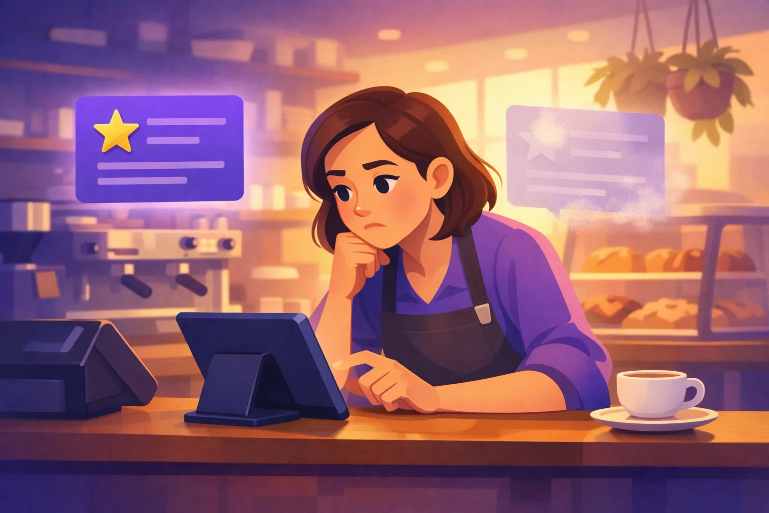 Puzzled cafe owner searching her tablet for a customer's missing Yelp review at the counter