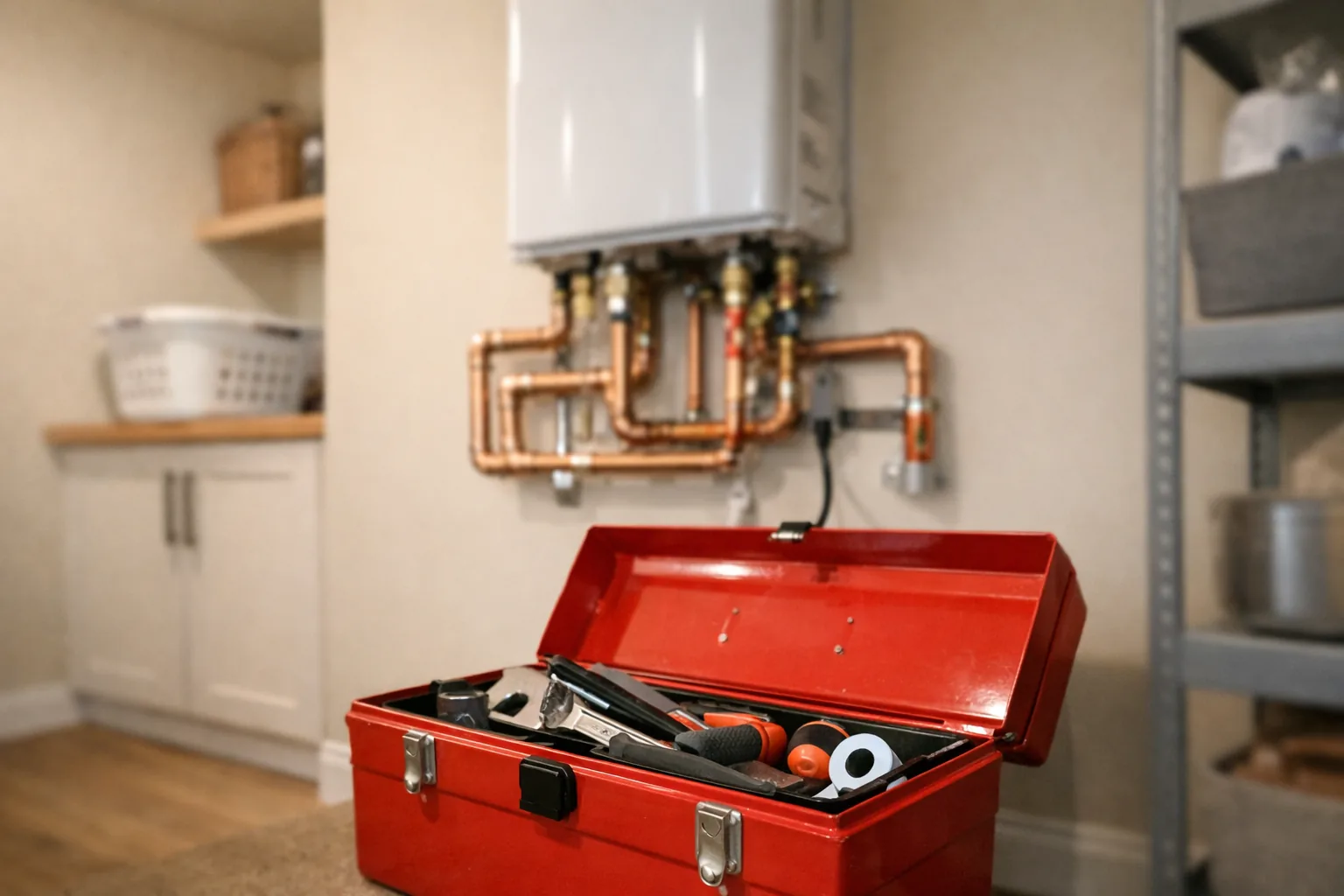 Freshly installed water heater with copper pipework and an open toolbox
