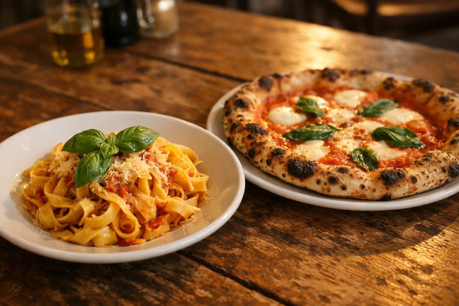 Handmade pasta and wood-fired pizza on a rustic restaurant table
