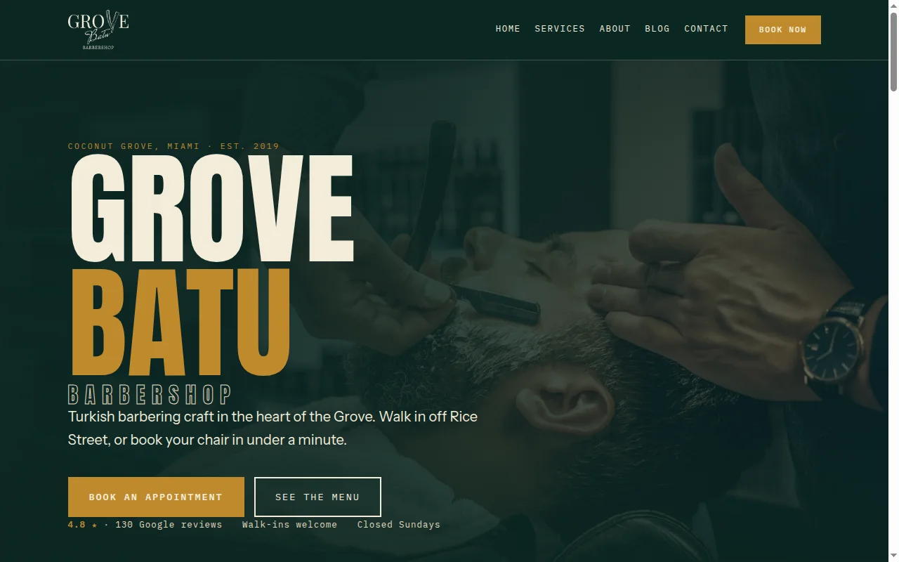 Screenshot of the homepage we built for Grove Batu Barbershop