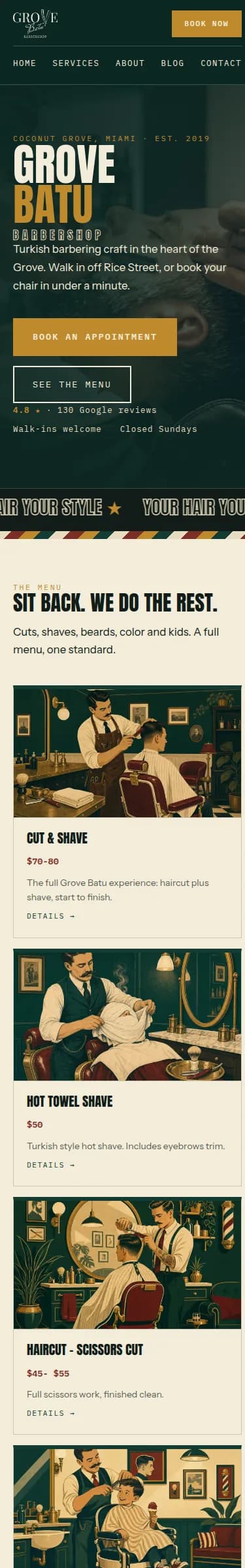 The homepage of the website built for Grove Batu Barbershop: a dark hero photo of a hot towel shave with the shop name set large