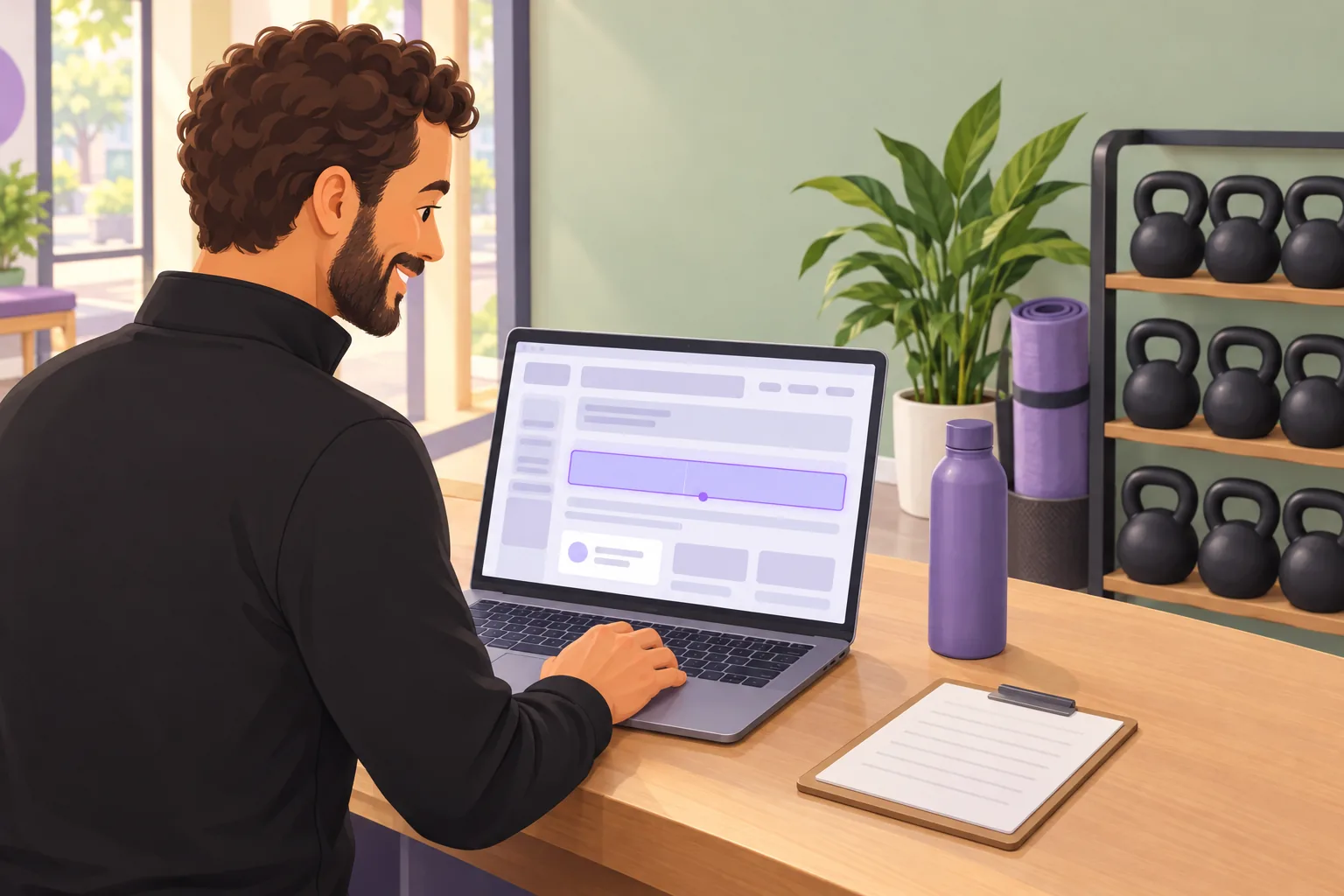 Fitness studio owner copying one line of Google reviews embed code on his laptop at the front desk