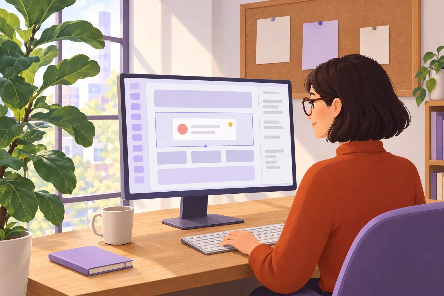 Web designer placing a Google review card on a Framer page layout in her studio