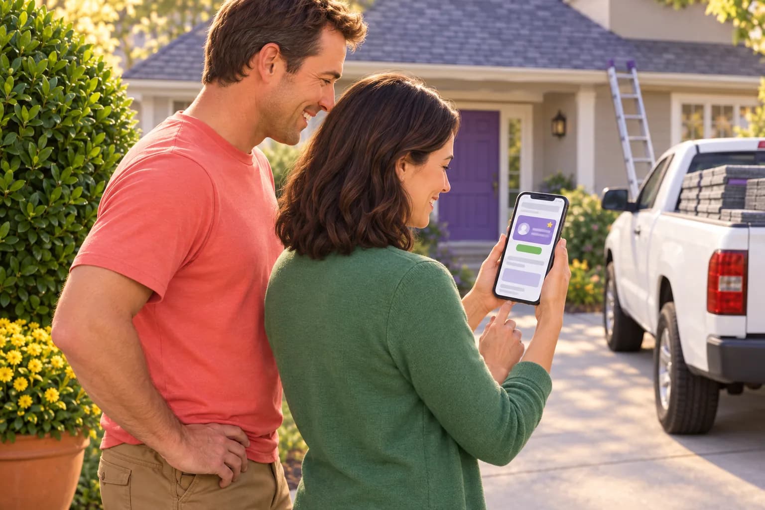 Roofer and his wife checking their published GoDaddy site on a phone and seeing a Google review beside the quote button