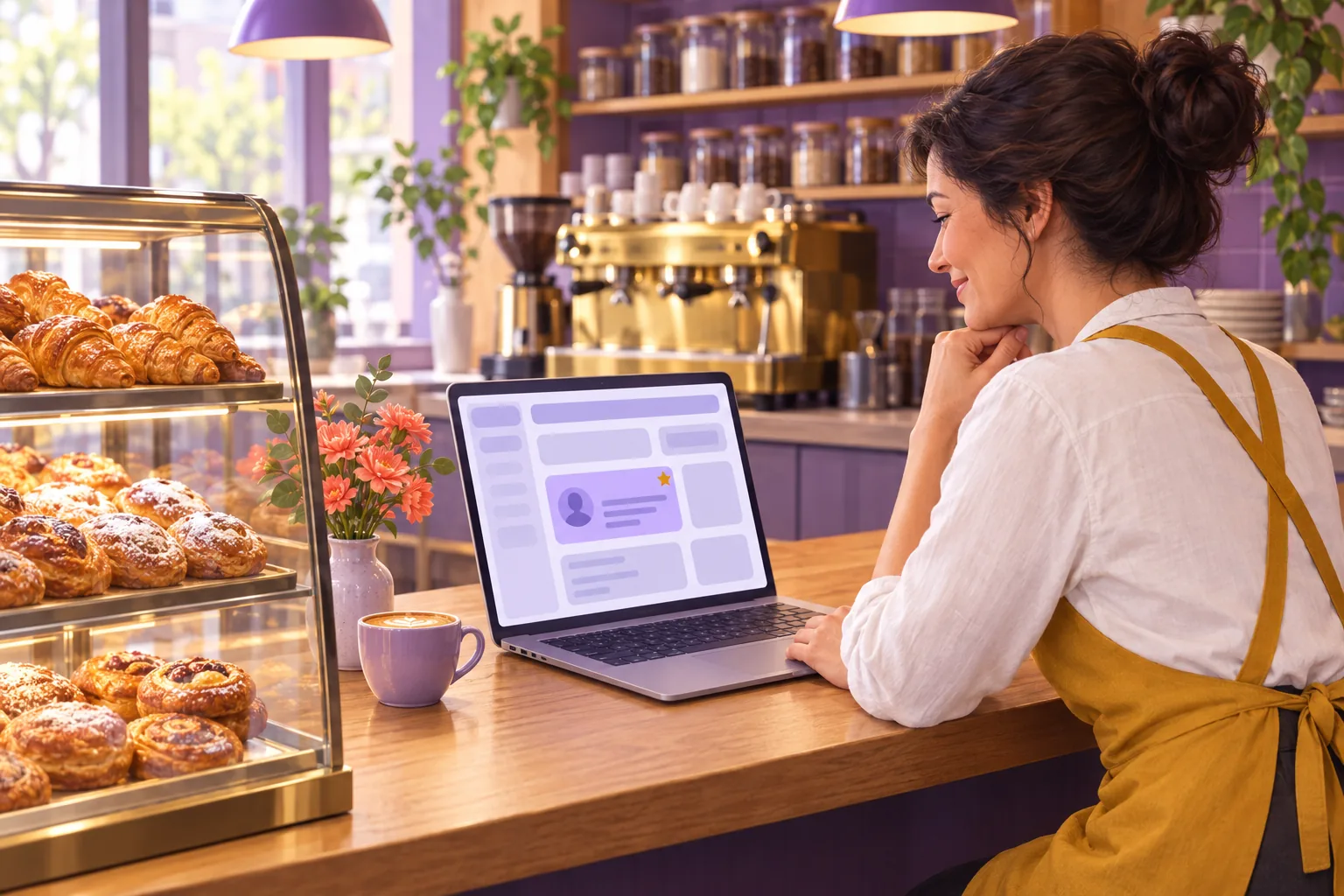 Cafe owner adding Google reviews to her GoDaddy website on a laptop at the counter