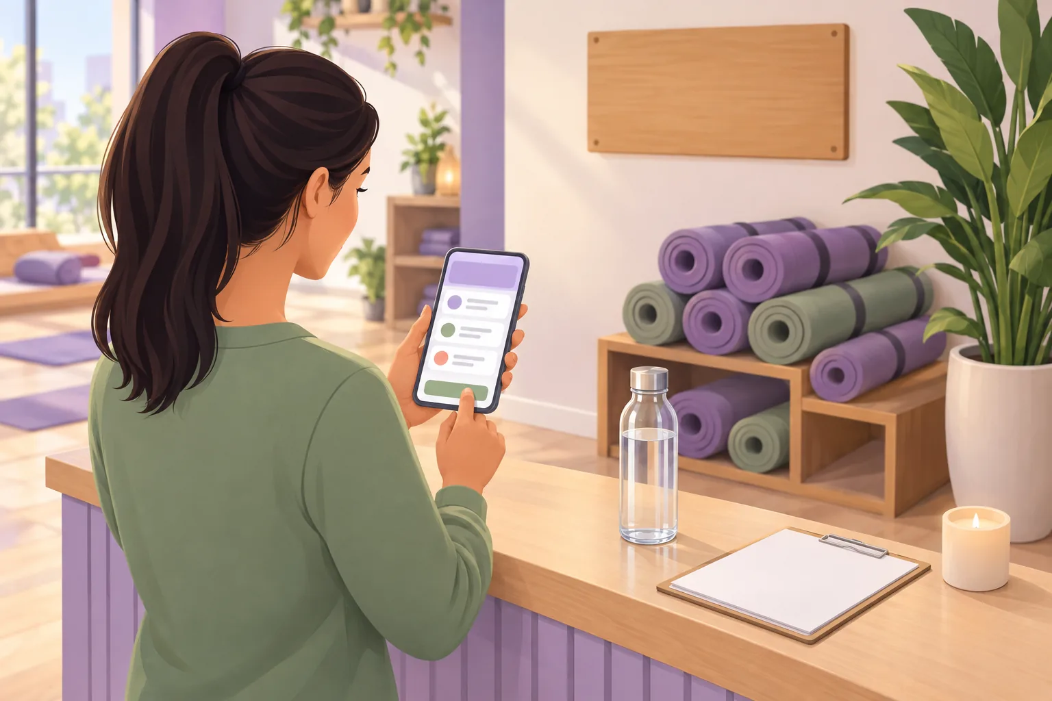 Yoga studio owner copying one line of Google reviews embed code on her phone at the studio's front desk