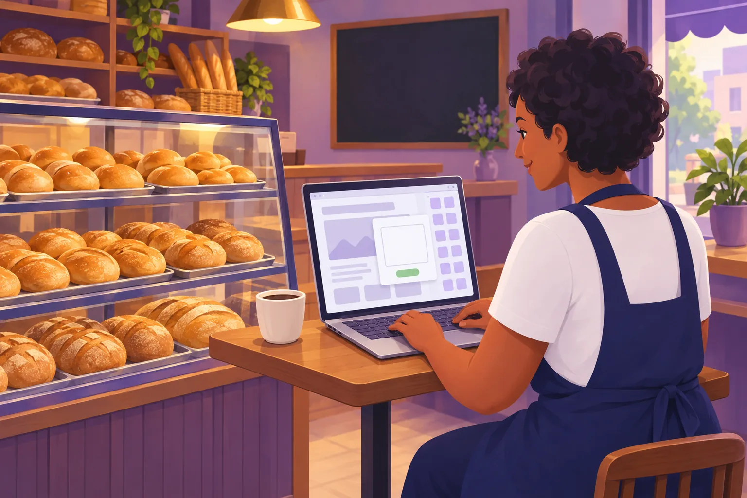 Bakery owner inserting an Embed code block in the Google Sites editor, seen over her shoulder with the properties panel open