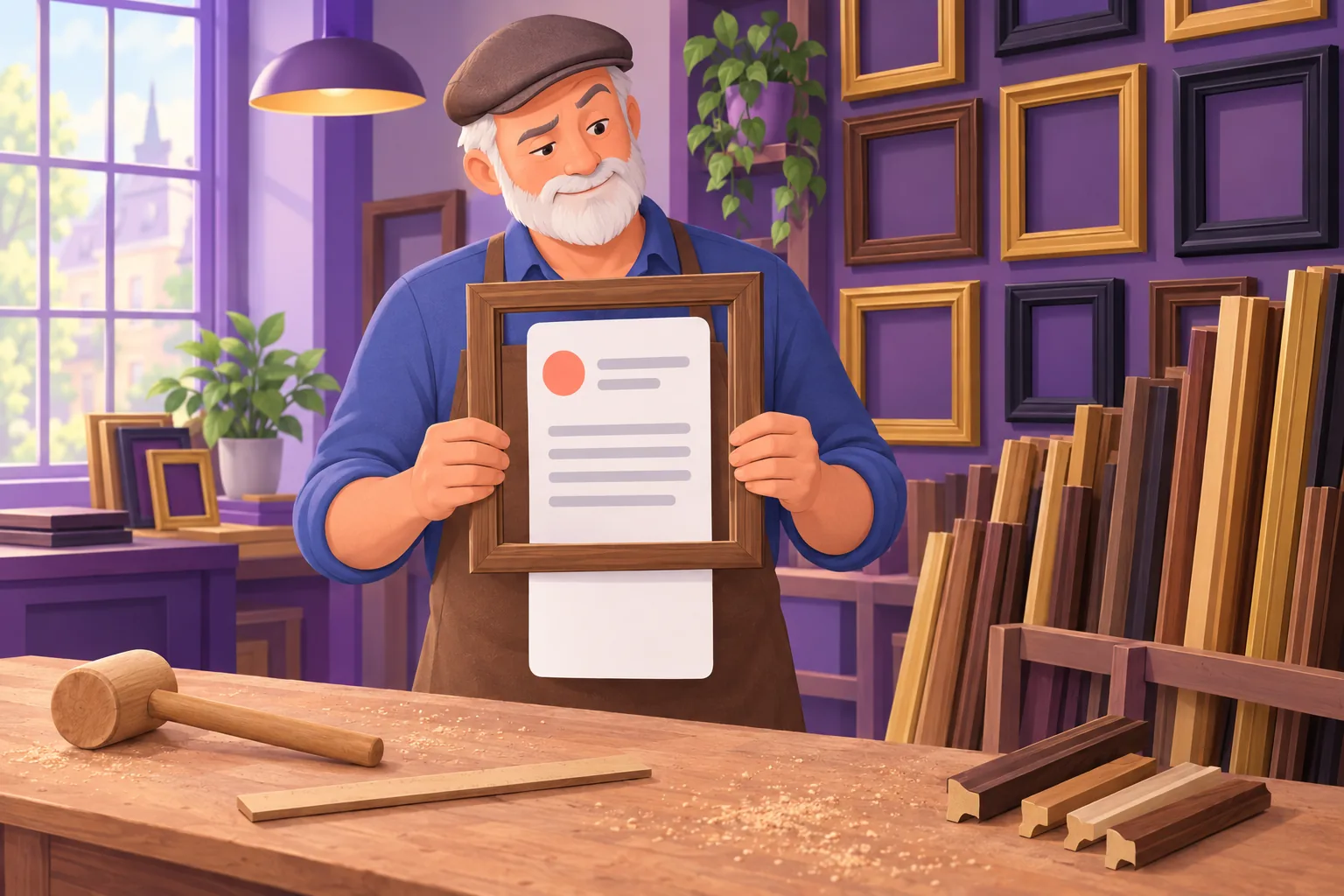 Picture framer holding an empty wooden frame over a tall Google review card, the bottom of the card sticking out below the frame