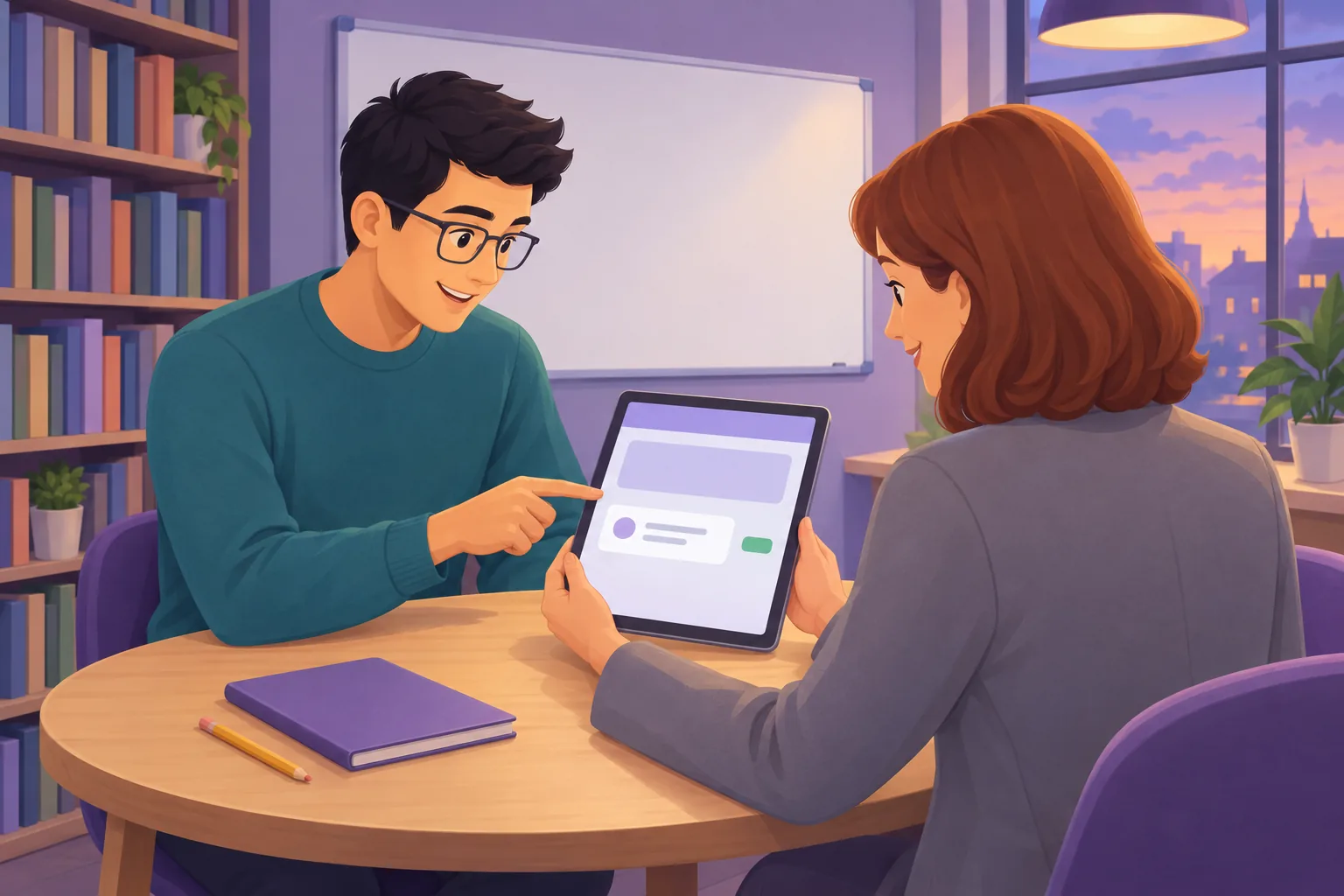 Math tutor showing a parent the published Google Sites page on a tablet, a Google review card beside the enquiry button