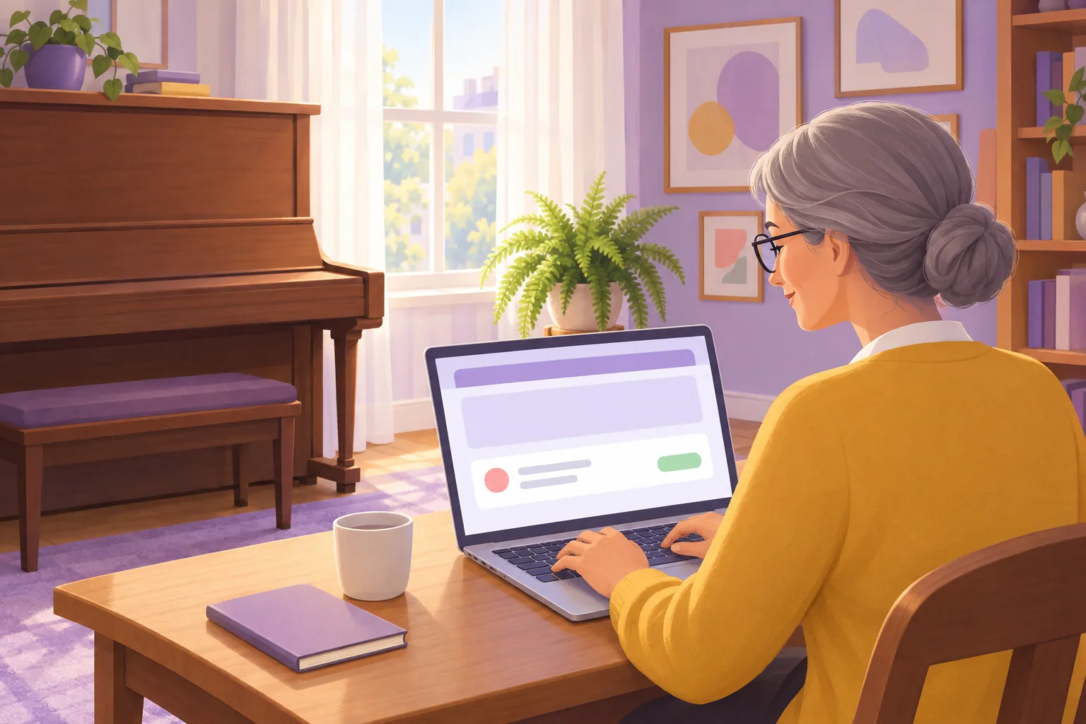 Piano teacher adding a Google review card to her Google Sites page on a laptop in a sunlit music room