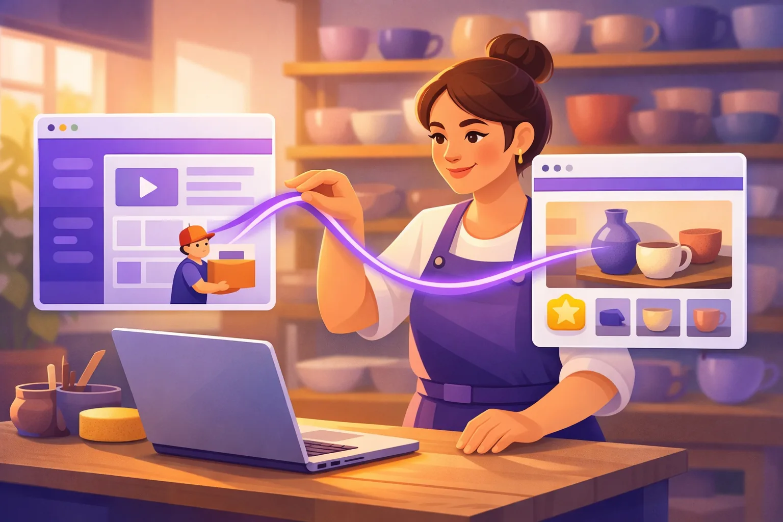 Small business owner copying one line of embed code from a widget builder