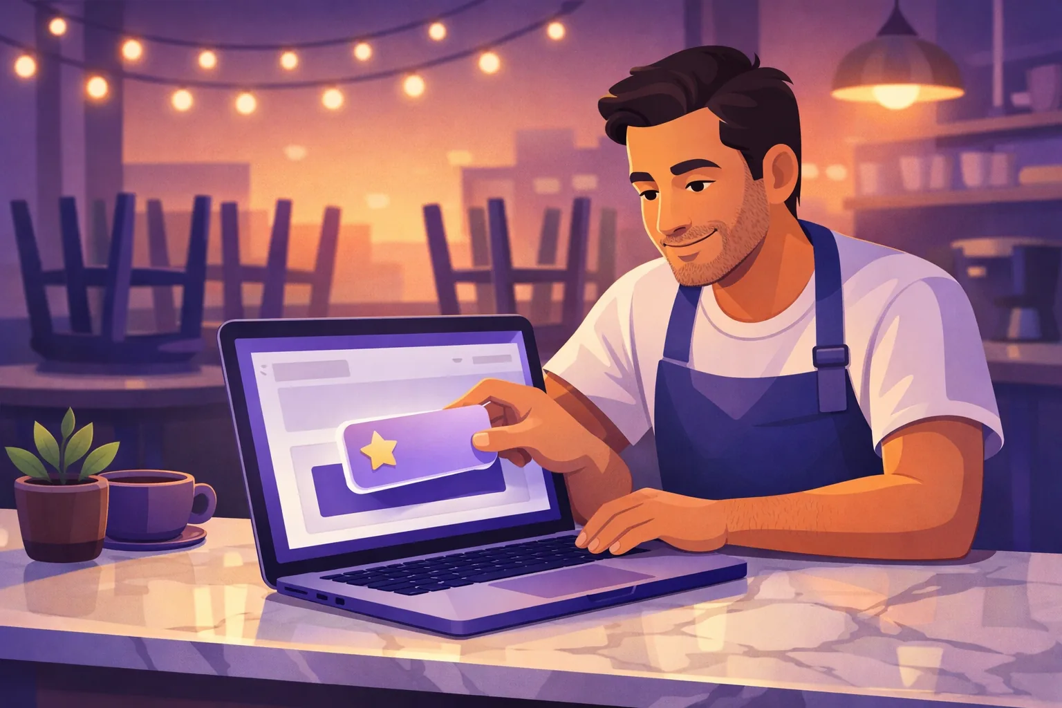 Business owner placing a content block into a clean website layout in an editor