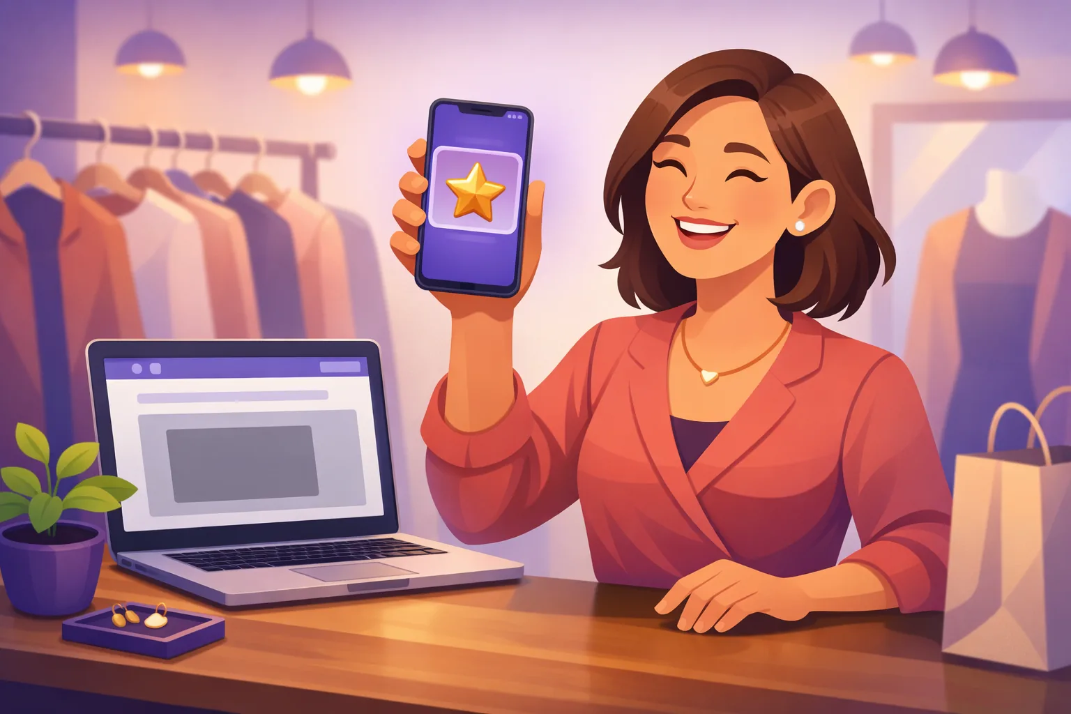 Relieved shop owner comparing her phone showing a live review widget with her laptop