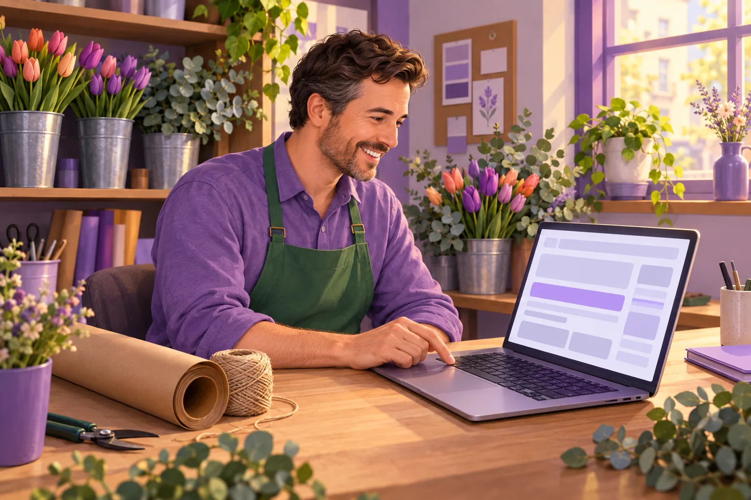 Florist copying one line of Google reviews embed code on his laptop in the shop's back office