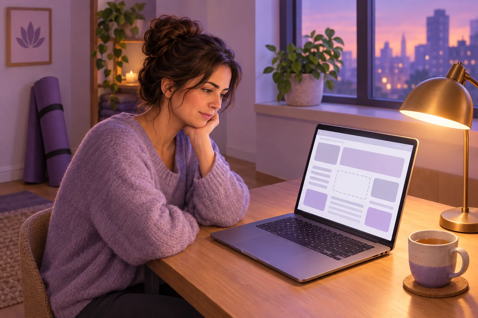 Yoga studio owner looking at an empty placeholder block in her Webflow page layout