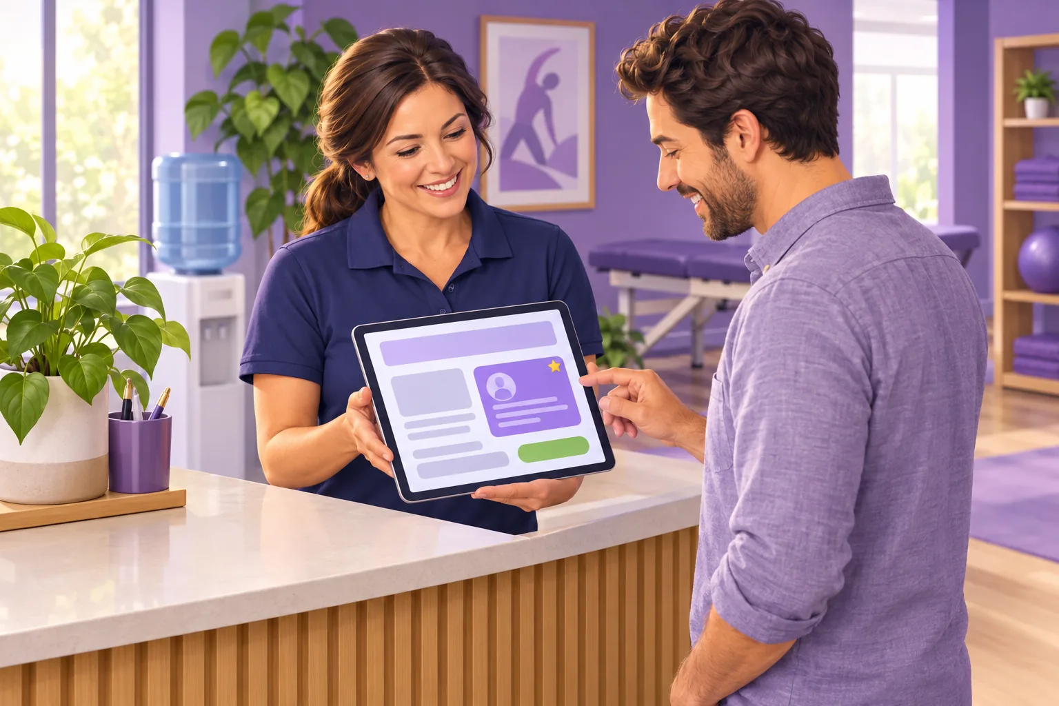Clinic owner and her web designer reviewing a Google review card beside the booking button on a tablet