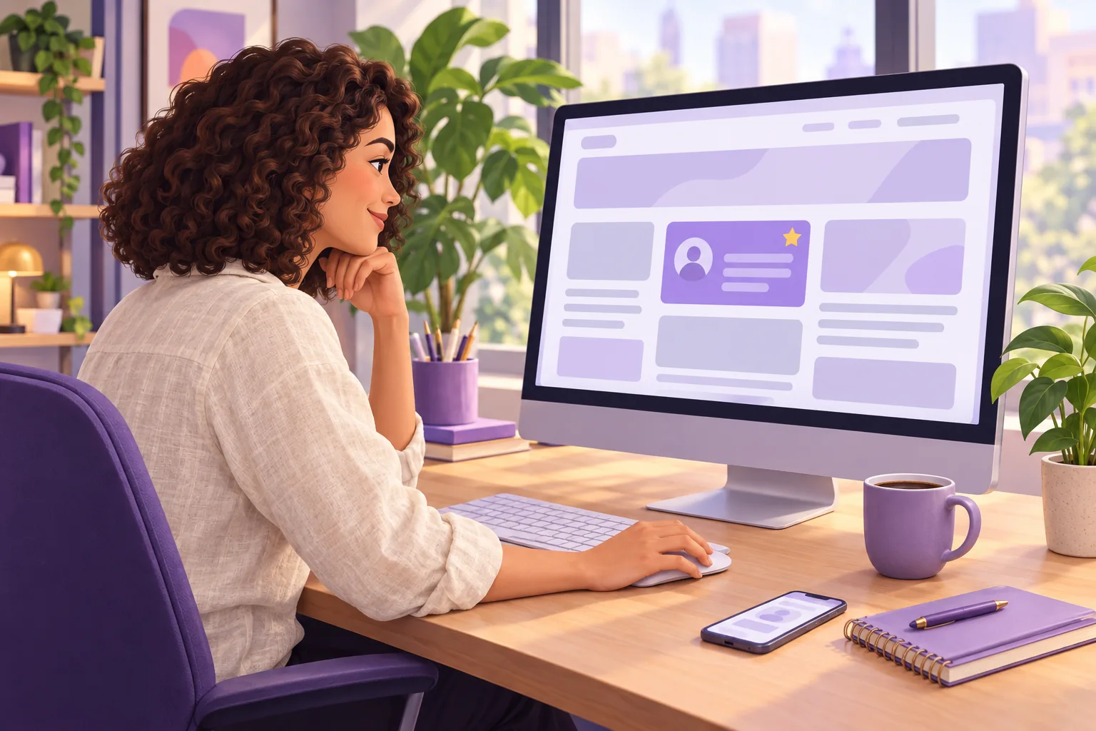 Web designer adding a Google reviews card to a Webflow page layout in her studio