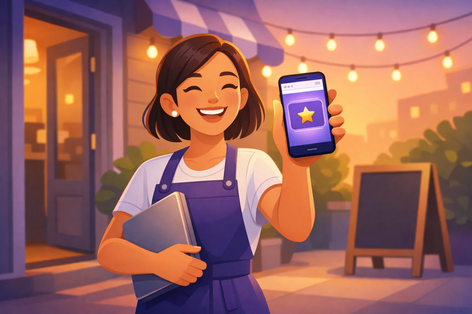 Cafe owner checking her published Wix site on her phone and seeing her Google reviews live