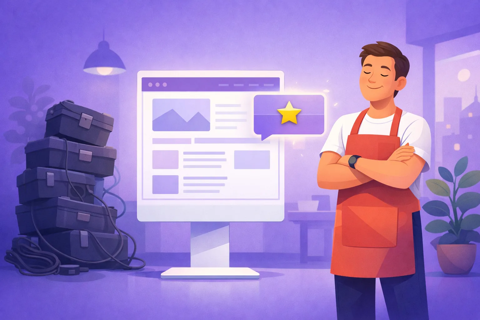 Relieved business owner beside a clean website showing a single glowing review card, with a cluttered pile of heavy toolboxes dimmed and ignored to one side
