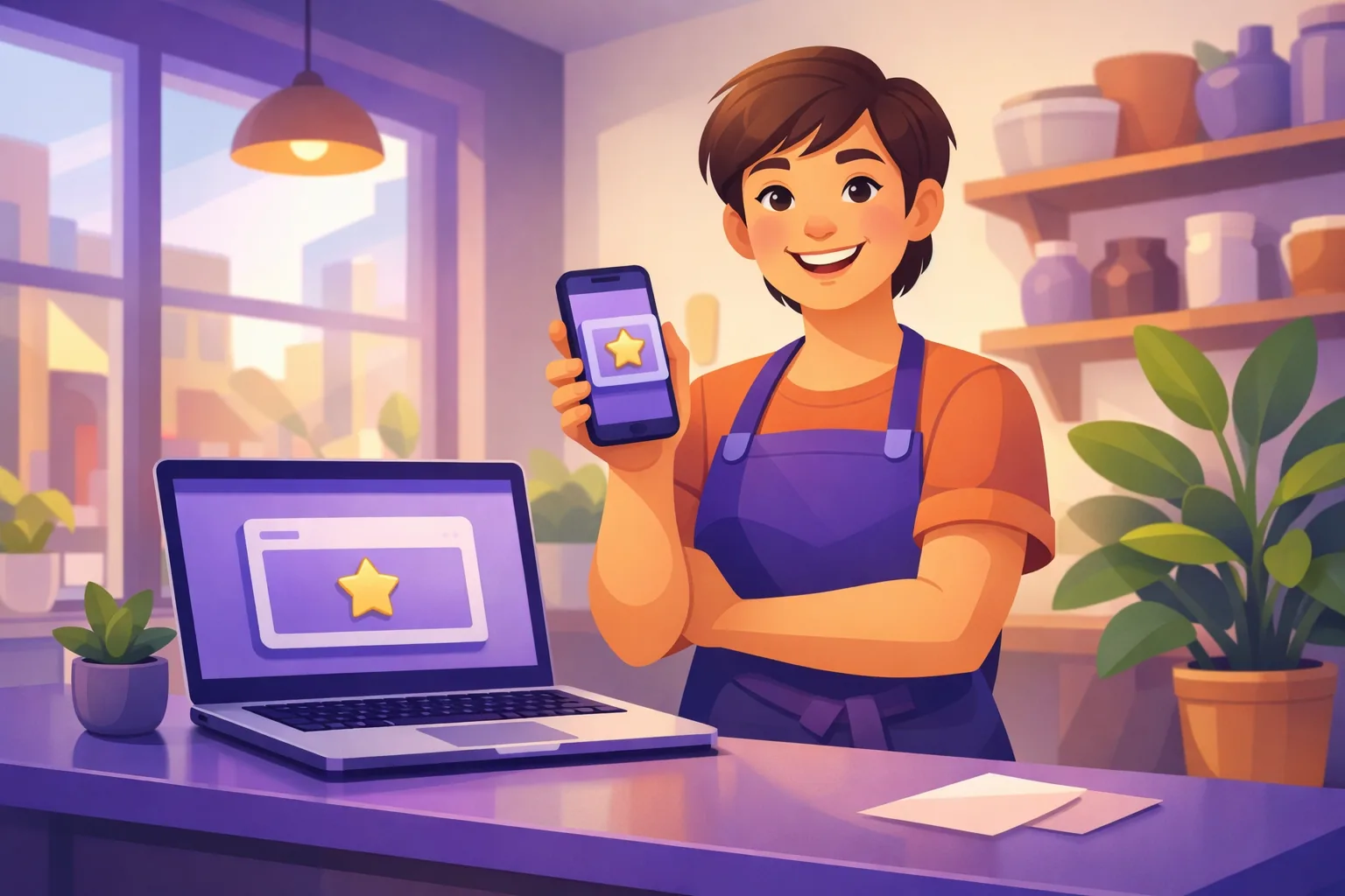 Happy shop owner viewing their live website on a laptop and phone, the same Google review card showing on both screens